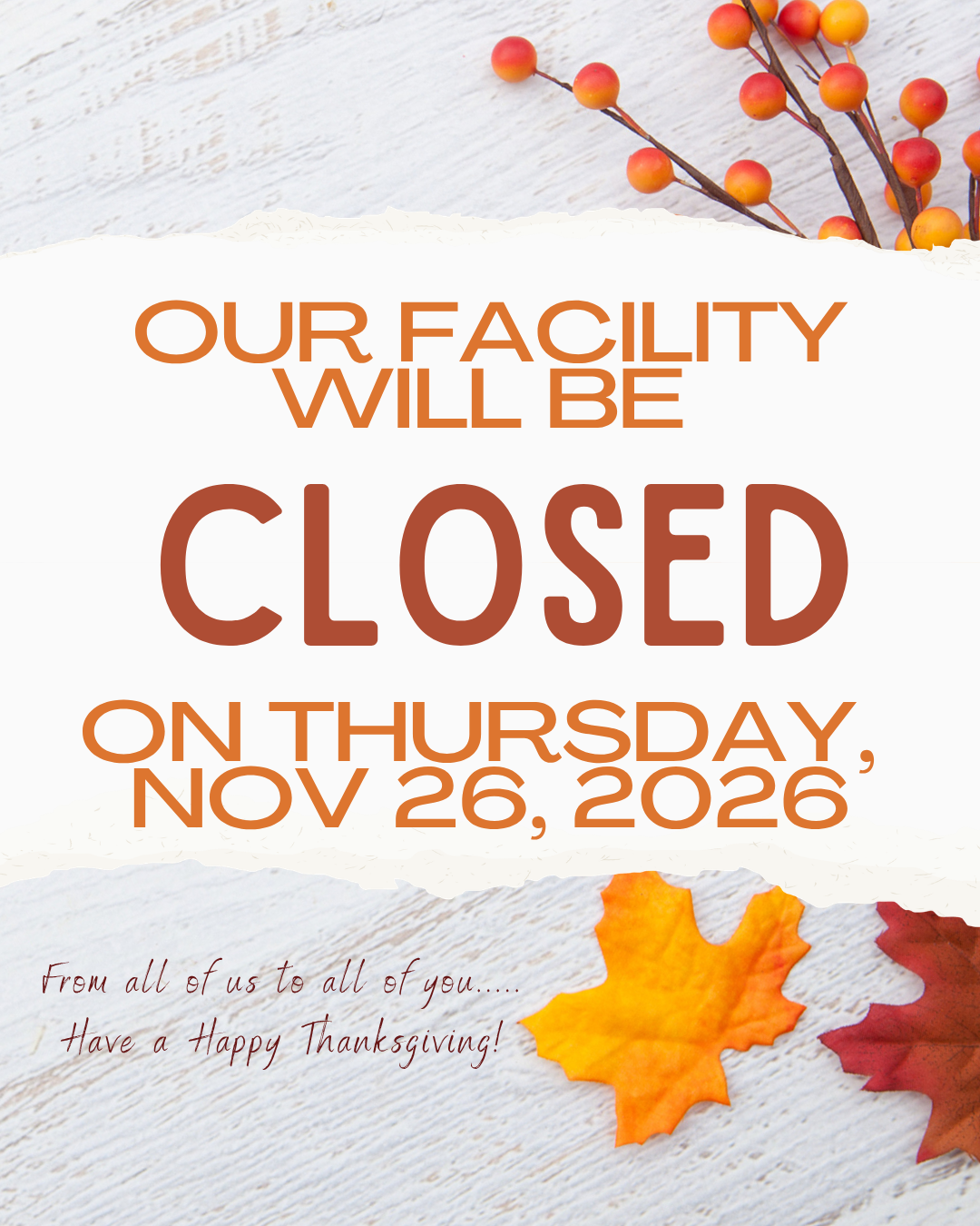 Facility Closed for Thanksgiving
